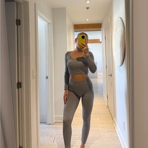 Seamless Grey Long Sleeve Crop Top & Leggings Set ribbed